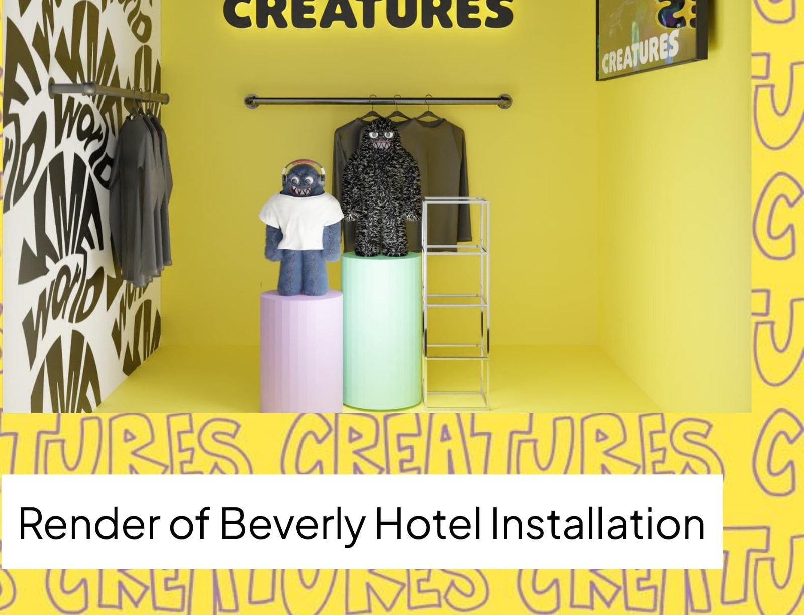 Render of the CREATURES Beverly Hills Hotel pop-up boutique — yellow walls, hung apparel, character display