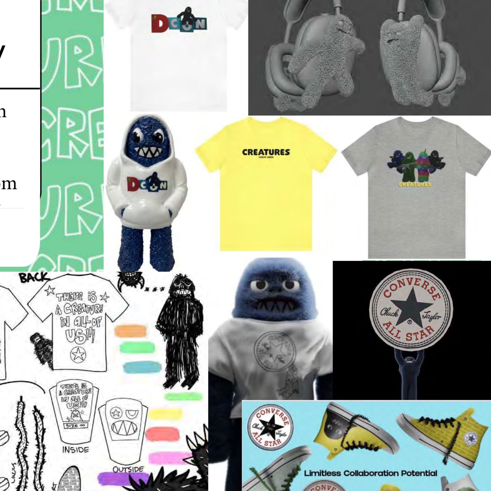 CREATURES merchandise display at ComplexCon — DGK collab pieces, Converse sketches, AirPods Max attachments